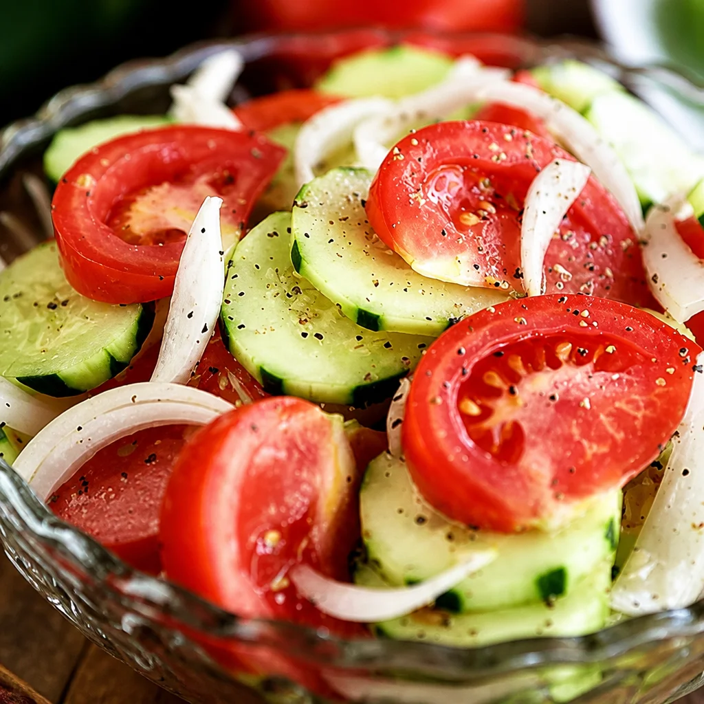 Fresh Tomato Cucumber and Onion Salad with a tangy vinaigrette dressing.