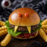 Plate of Halloween Burgers decorated as spooky monsters for a festive party