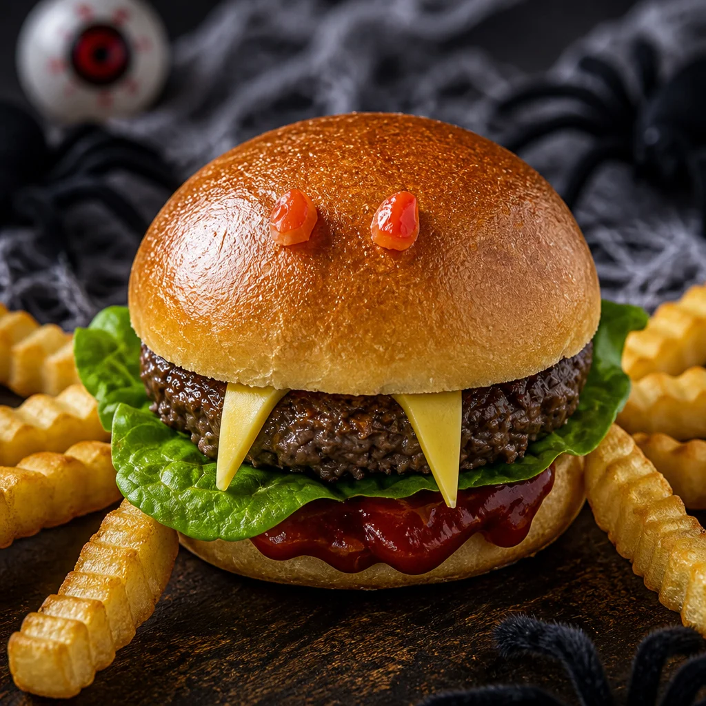 Plate of Halloween Burgers decorated as spooky monsters for a festive party