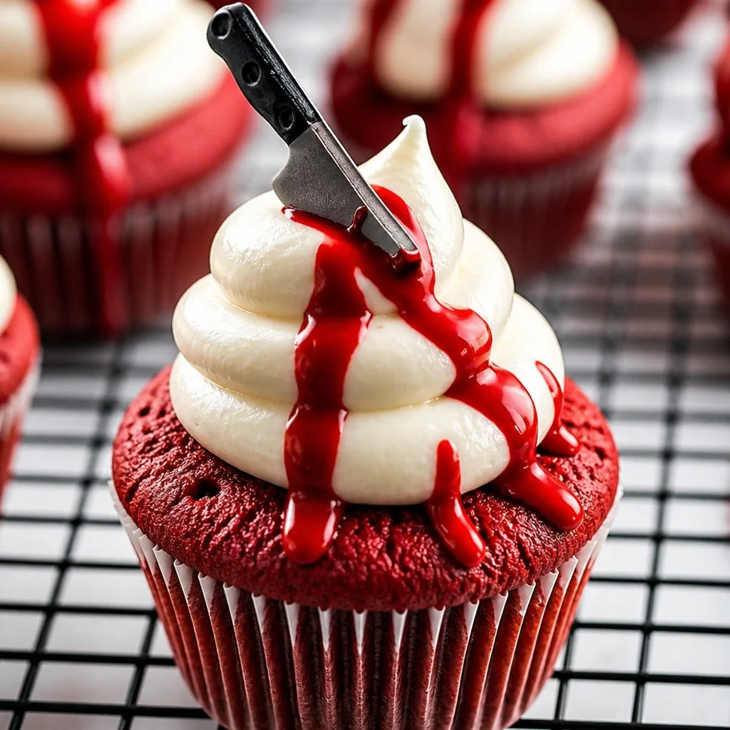 Fluffy and moist Red Velvet Cupcakes with cream cheese frosting on a kitchen counter.
