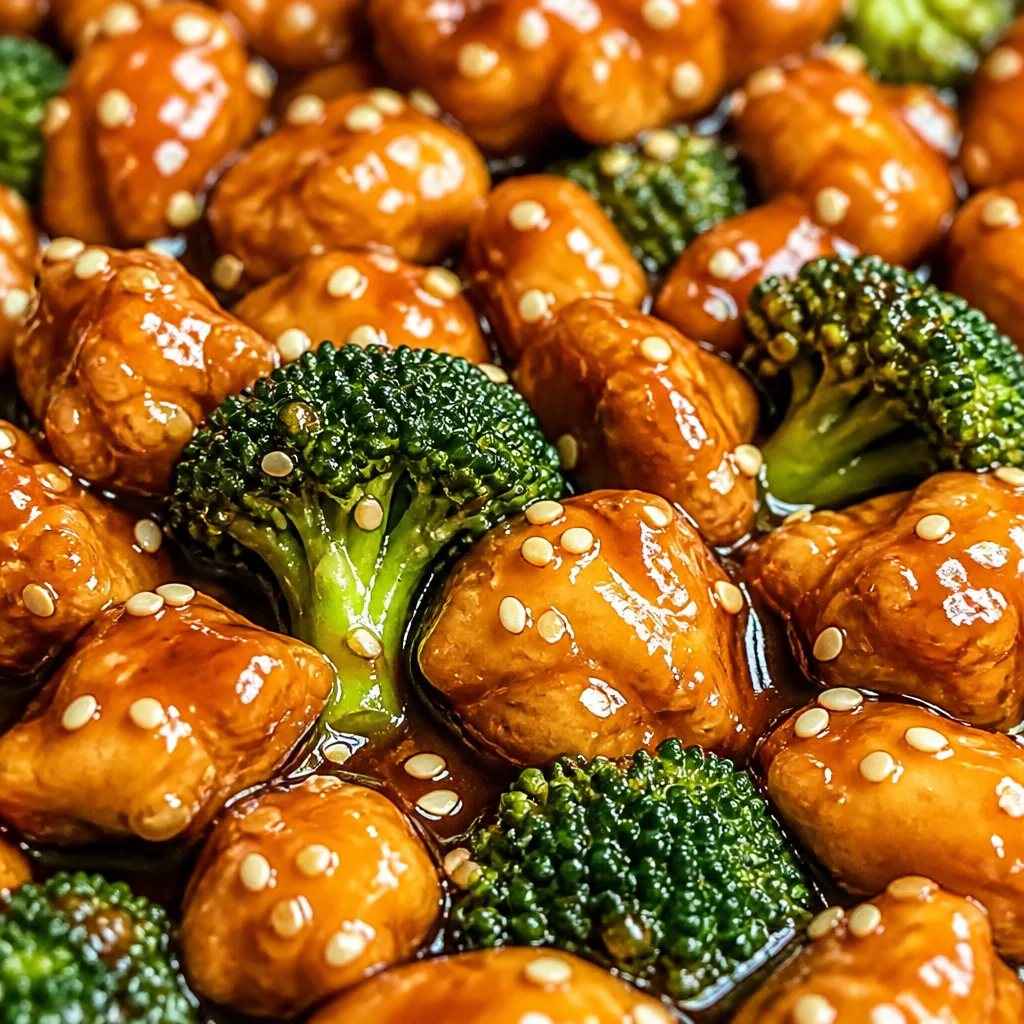 Plate of sticky chicken and broccoli with a savory sauce
