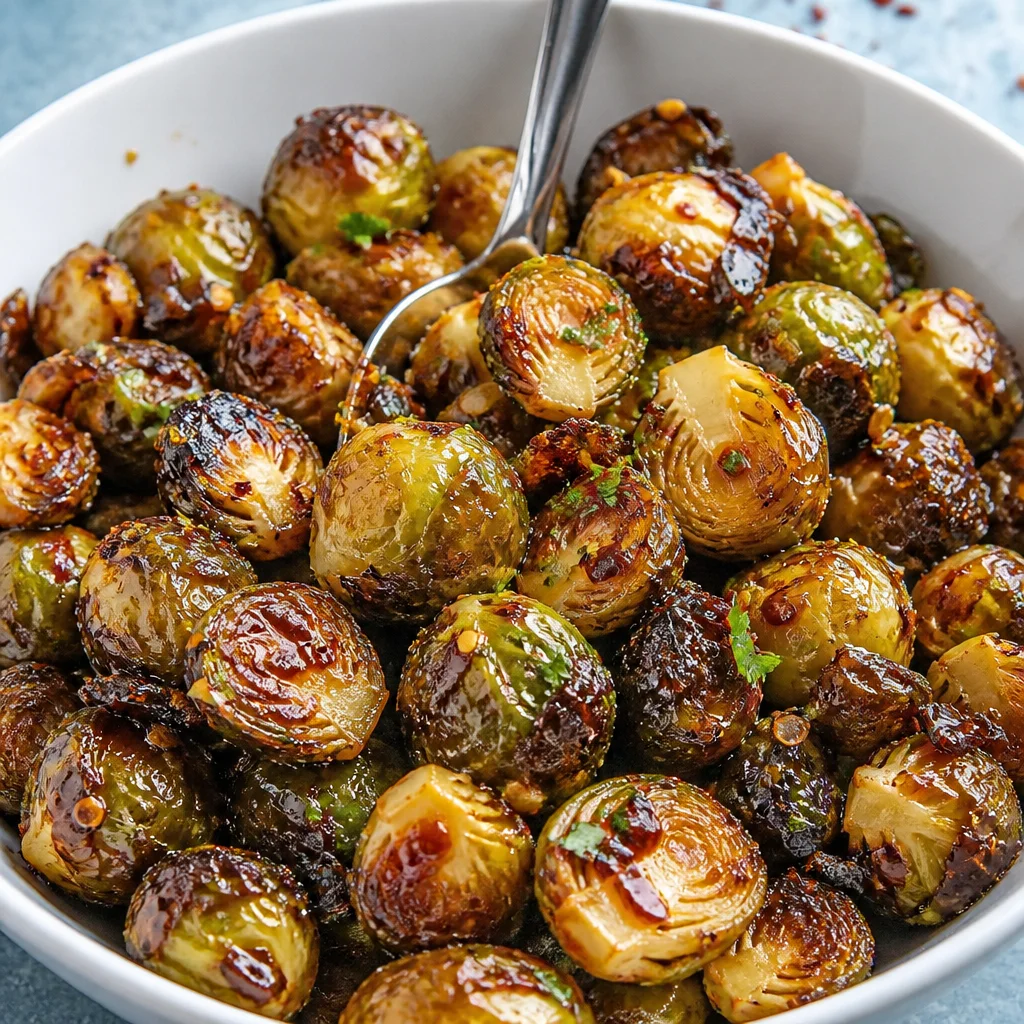 Honey Sriracha Brussels Sprouts roasted until crispy and glazed with a sweet and spicy sauce.