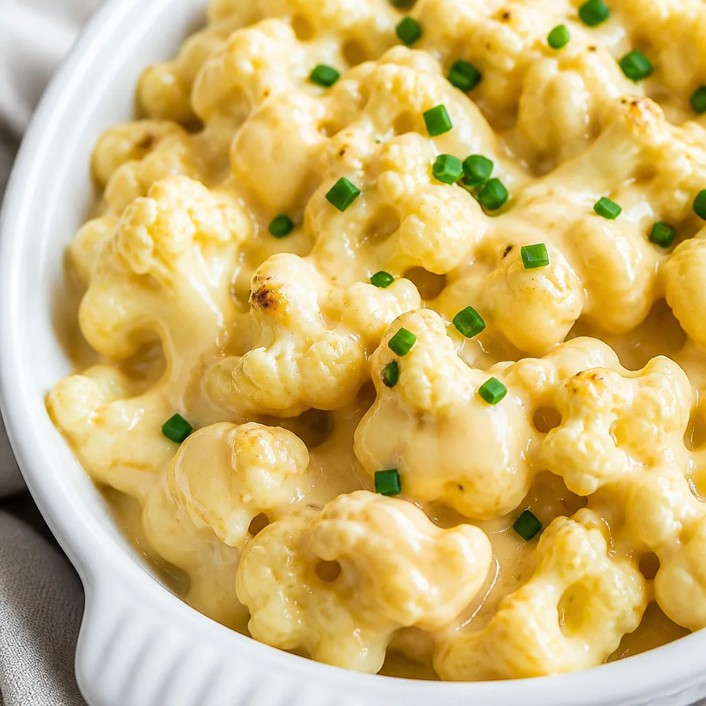 Baked Cauliflower Mac and Cheese with rich, creamy cheese sauce and topped with extra cheese.
