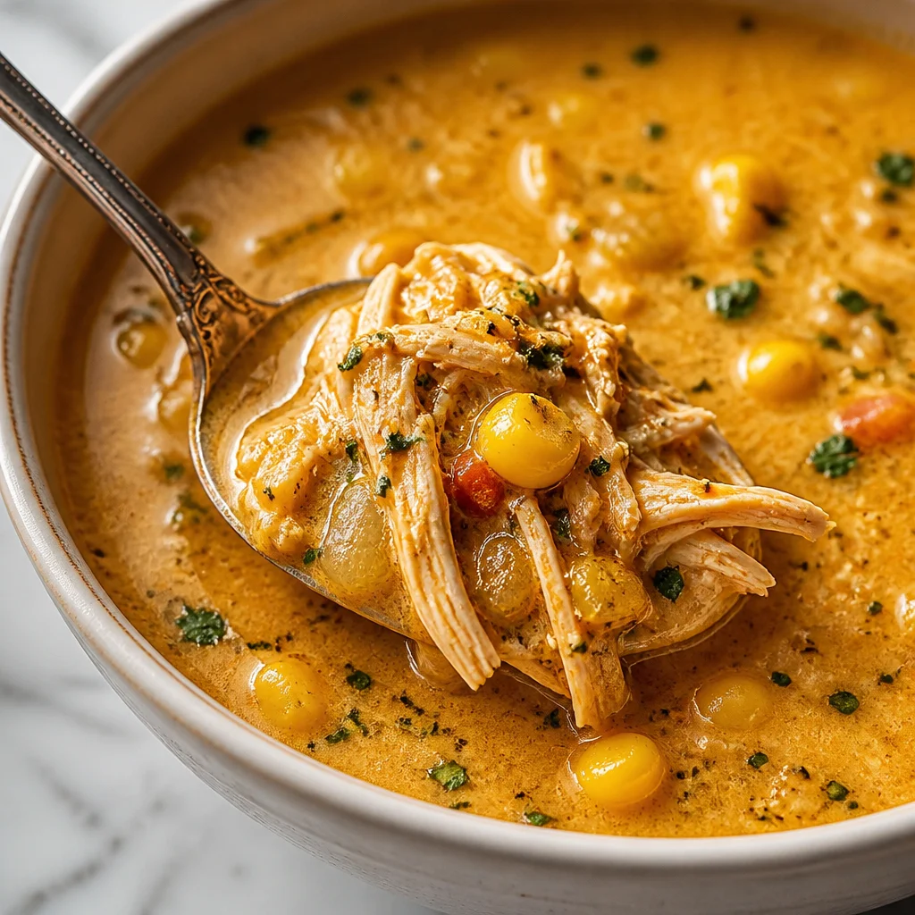 Bowl of creamy chicken corn chowder with corn and potatoes.