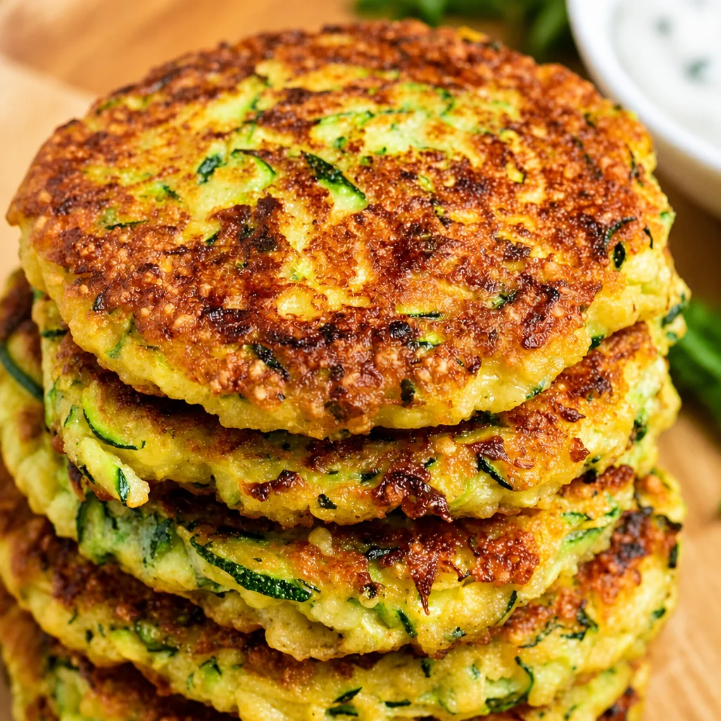 Crispy Zucchini Fritters garnished with herbs, served with dipping sauce.