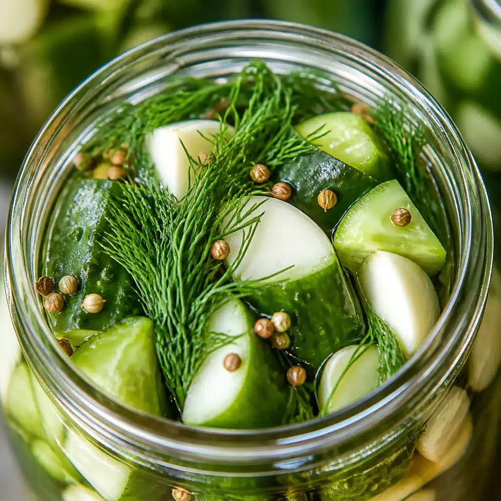 Homemade Kosher Dill Pickles in a jar with fresh dill and garlic