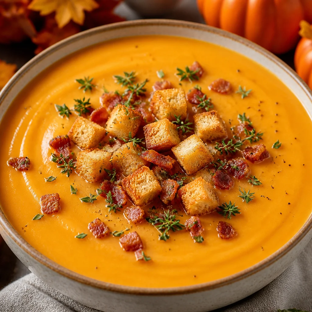 A bowl of creamy pumpkin soup garnished with herbs, showcasing its vibrant orange color.