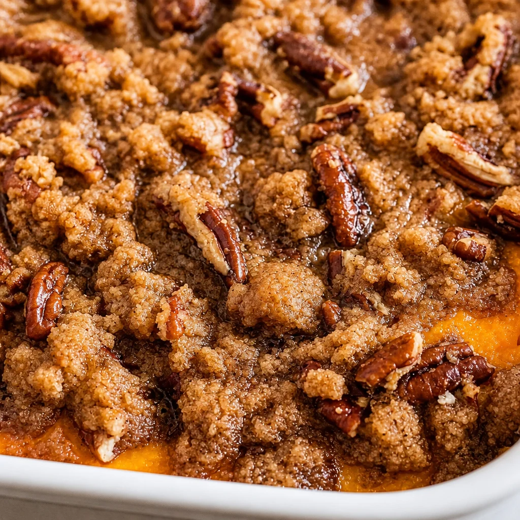Vegan Sweet Potato Casserole with Pecan Topping served in a dish