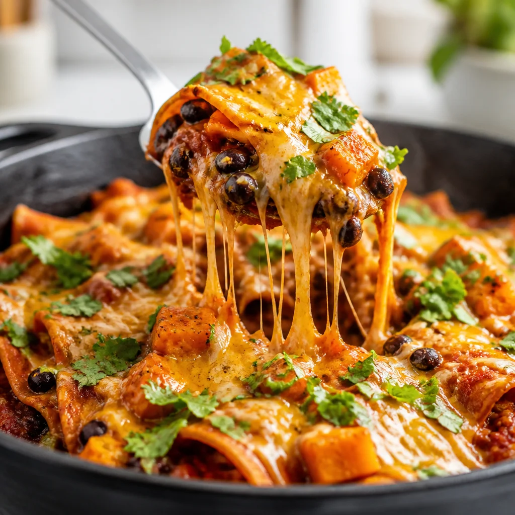 Butternut Squash and Black Bean Enchilada Skillet with spices in a cast iron pan.