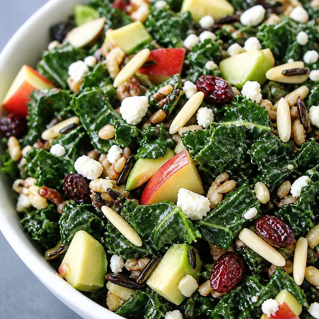 Healthy Rice Apple Kale Salad with wild rice, apples, kale, and a balsamic dressing.