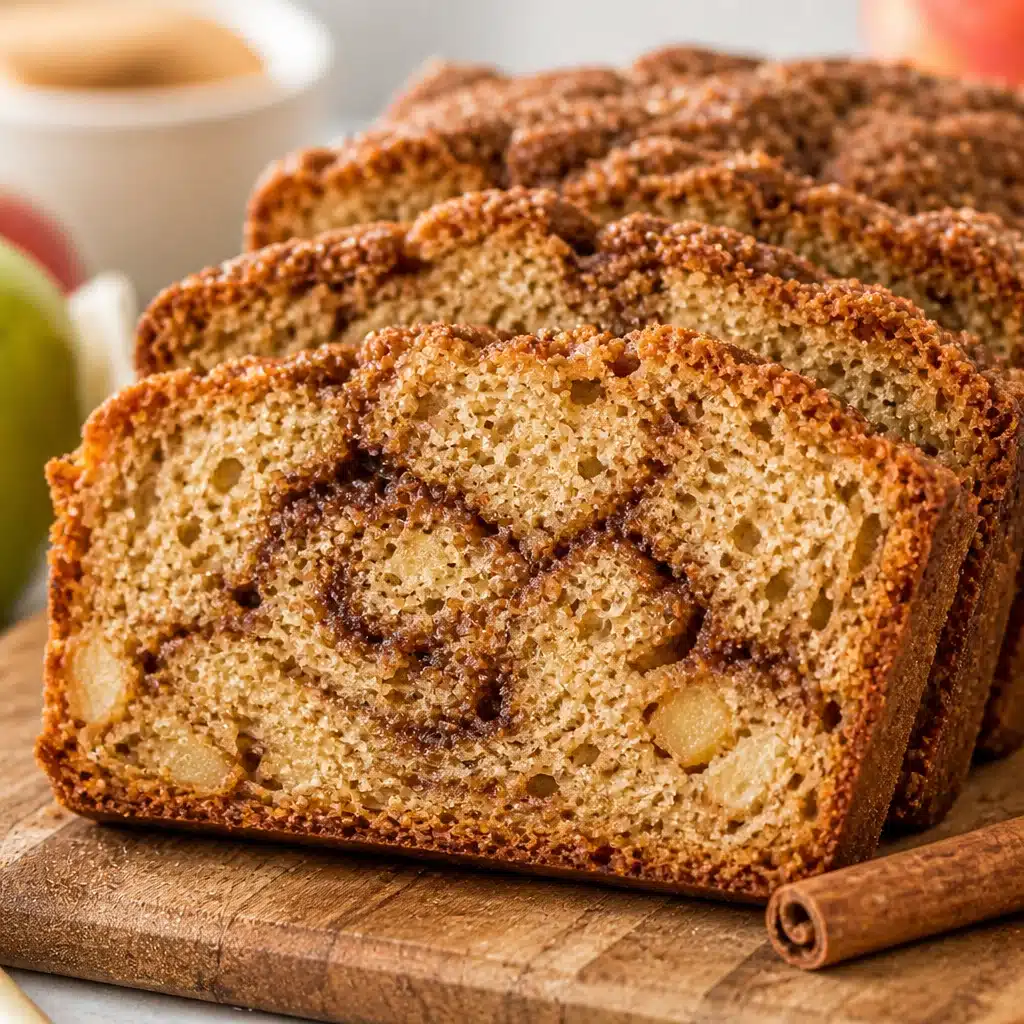Sliced apple bread topped with cinnamon, showcasing moist texture and fresh apple chunks.