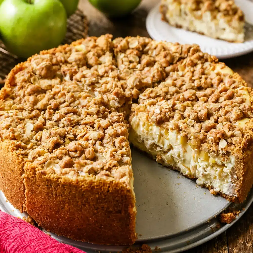 Delicious apple pie cheesecake topped with spiced apple filling and crumb topping.