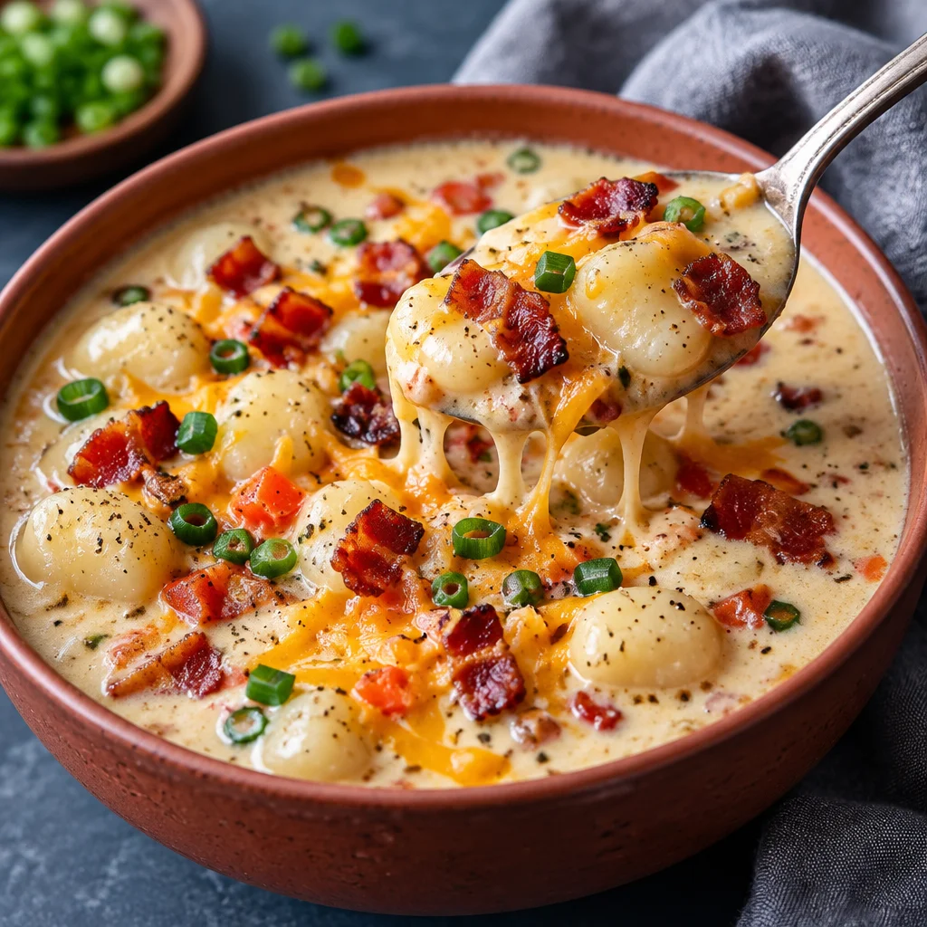 Creamy bacon cheddar gnocchi soup with crispy bacon and cheddar cheese.