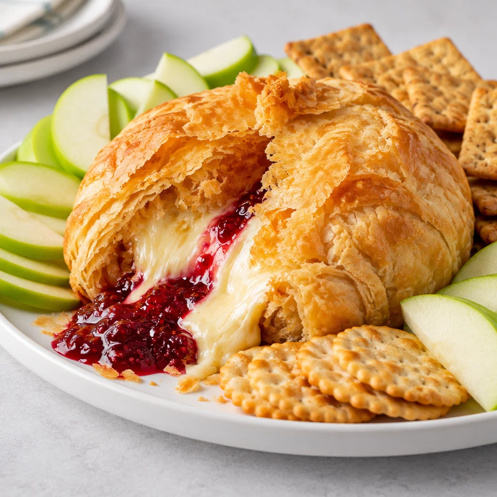 Baked brie in puff pastry topped with raspberry preserves, golden and gooey.