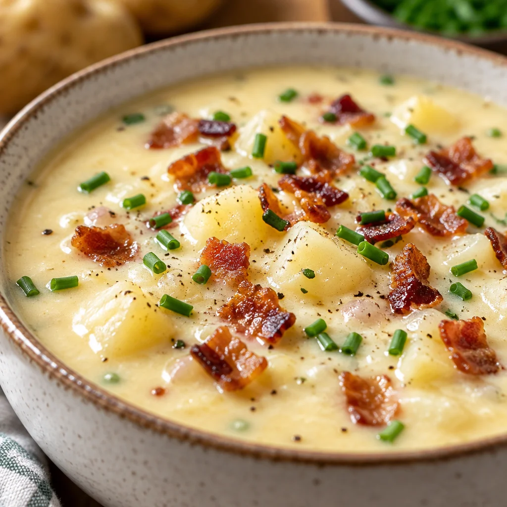 Creamy loaded baked potato soup garnished with bacon, cheddar cheese, and green onions
