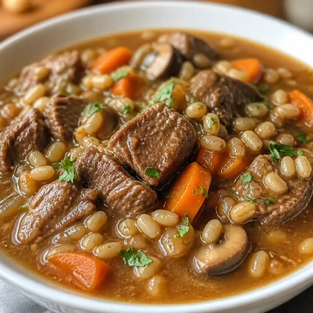 A bowl of hearty beef barley soup with tender beef chunks, barley, and vegetables.