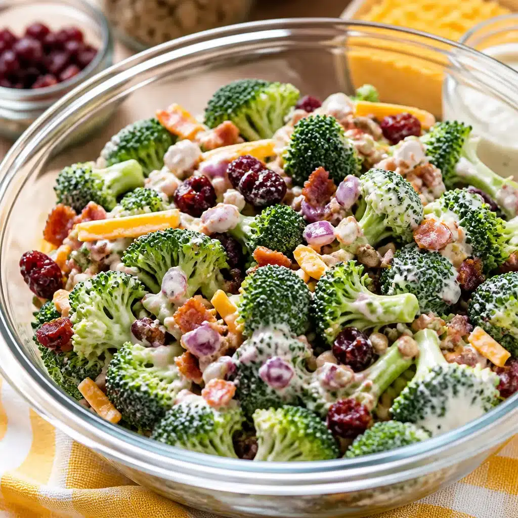 Broccoli salad with bacon, cranberries, and sunflower seeds in a creamy dressing.