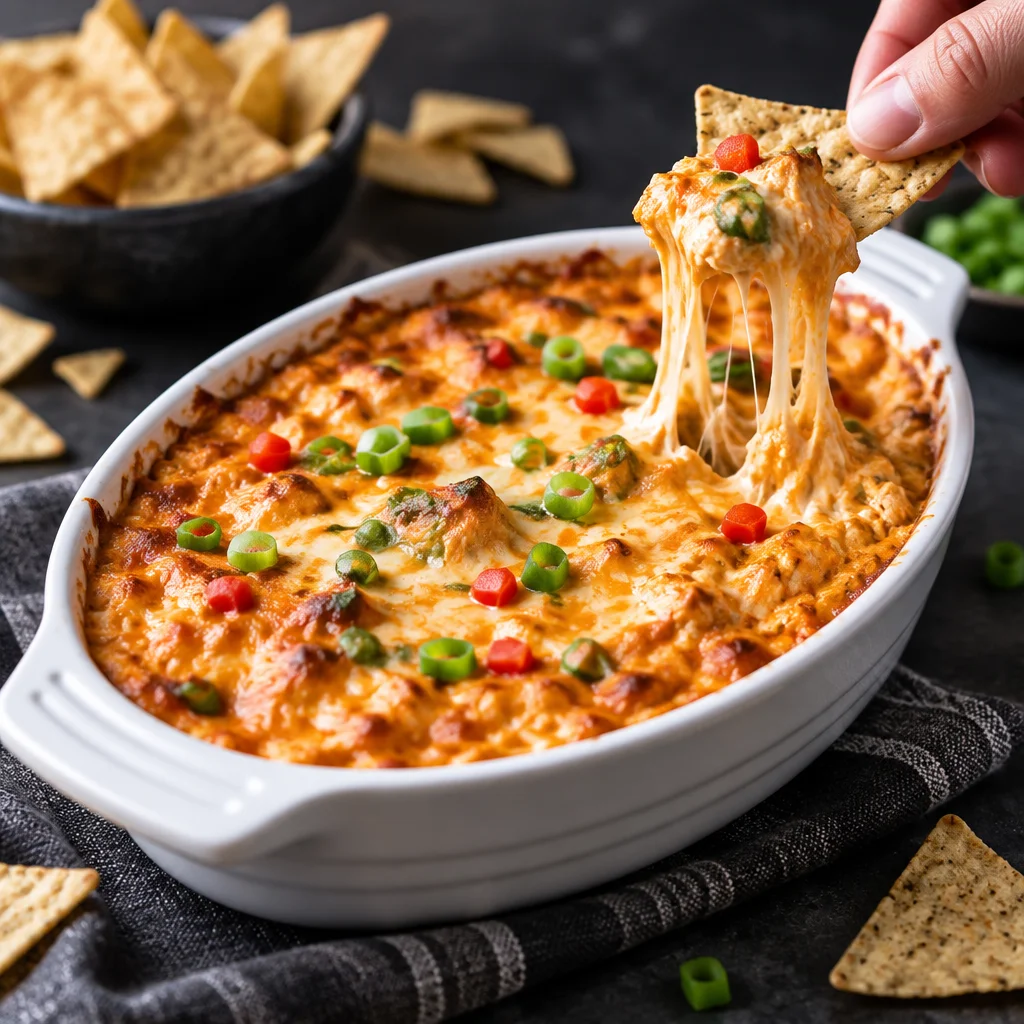 Delicious buffalo chicken dip served in a bowl with tortilla chips on the side.