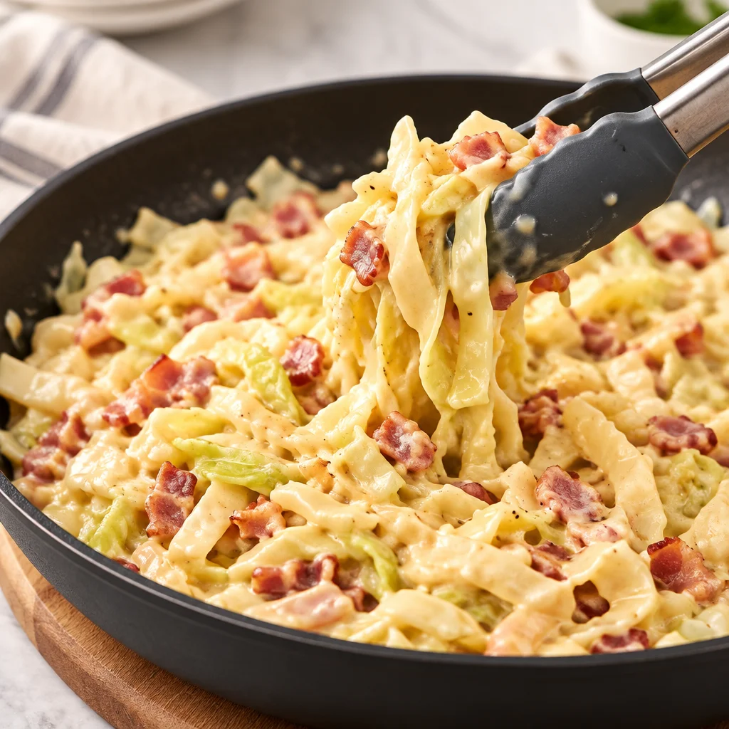 Delicious cabbage carbonara with creamy egg sauce and crispy bacon bits.