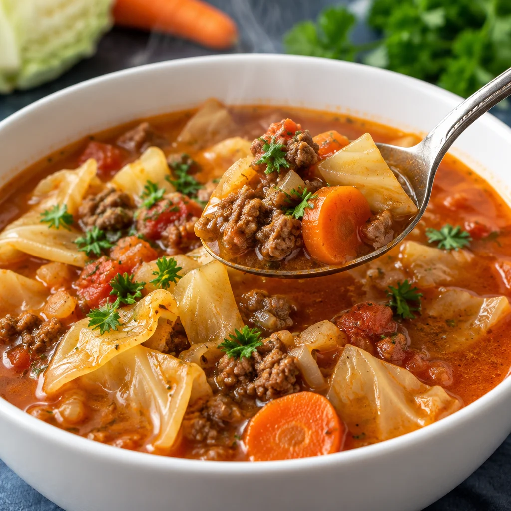Bowl of hearty cabbage roll soup with ground beef, rice, and fresh vegetables.