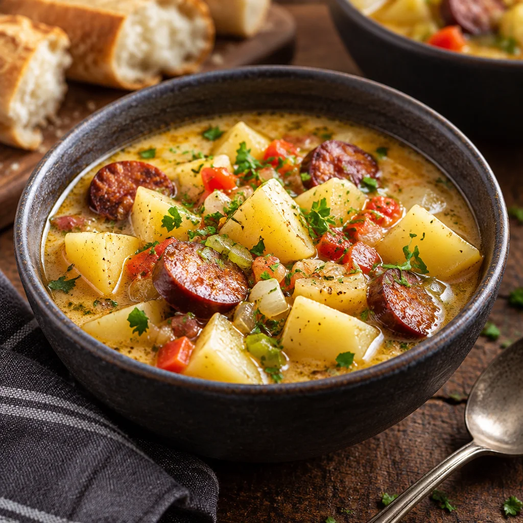 Bowl of creamy Cajun Potato Soup with sausage and vegetables, topped with herbs.