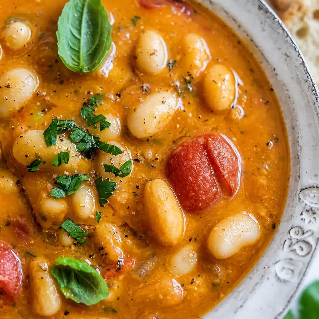 Bowl of creamy cannellini bean soup garnished with herbs on a wooden table.