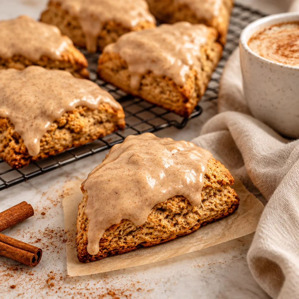 Buttery chai scones with warm spices and a sweet maple glaze.