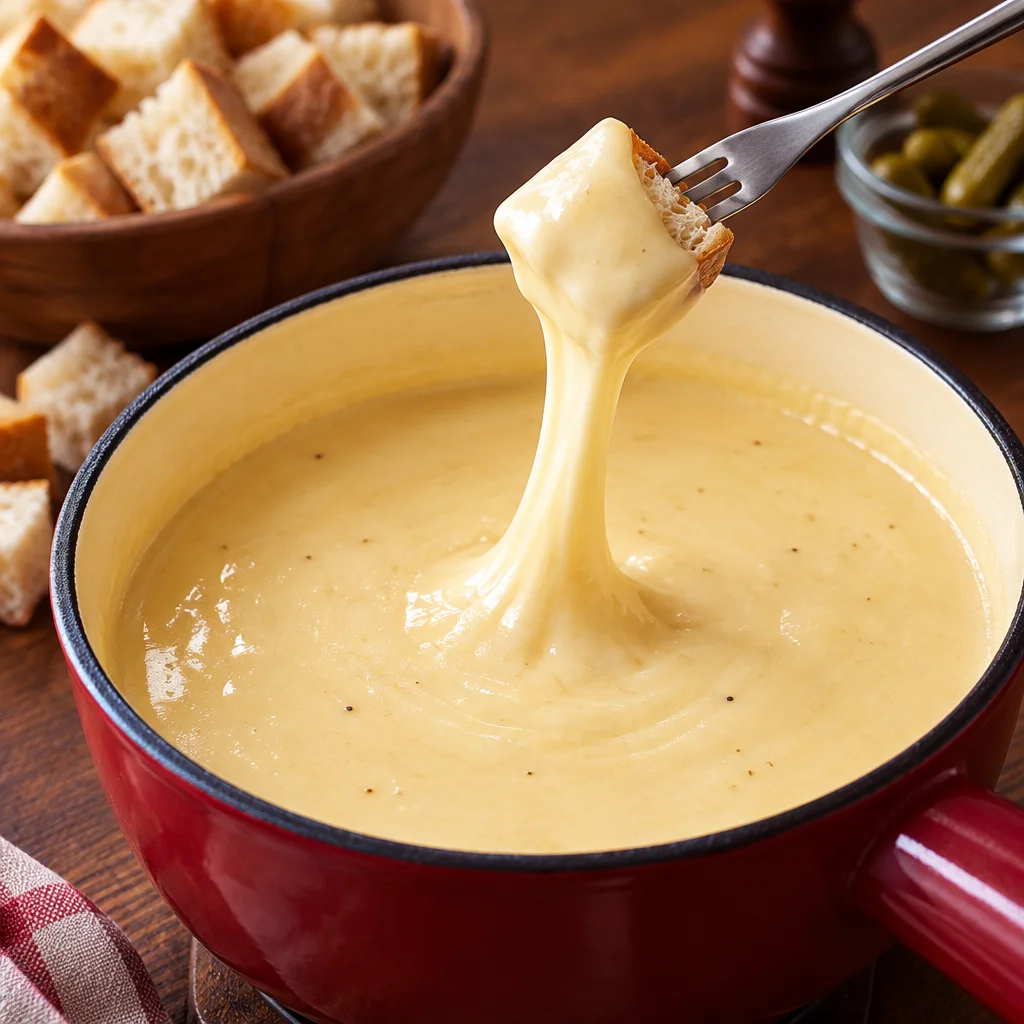 A delicious cheese fondue served with bread, showcasing melted Swiss and Gruyère cheese