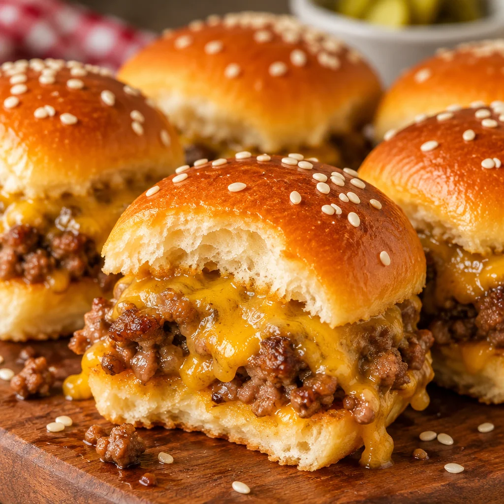 Delicious cheeseburger sliders loaded with cheese and sautéed beef in Hawaiian rolls.