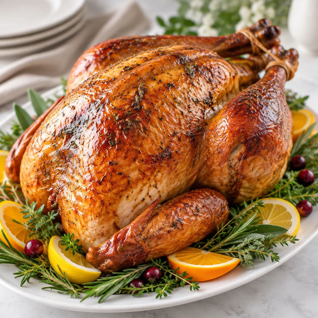 Juicy turkey roasted in cheesecloth with herbs and butter for Thanksgiving.