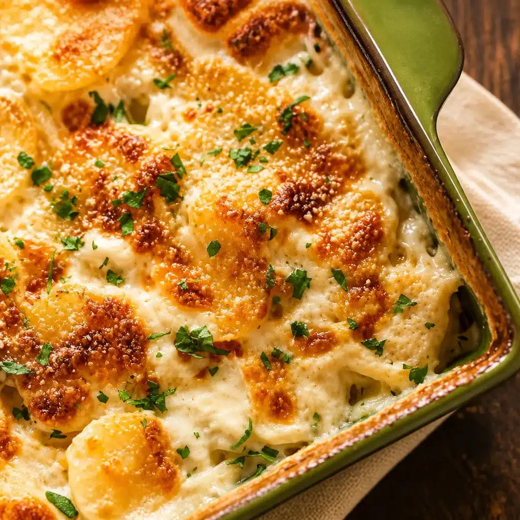 Creamy cheesy au gratin potatoes in a casserole dish, topped with golden brown cheese.