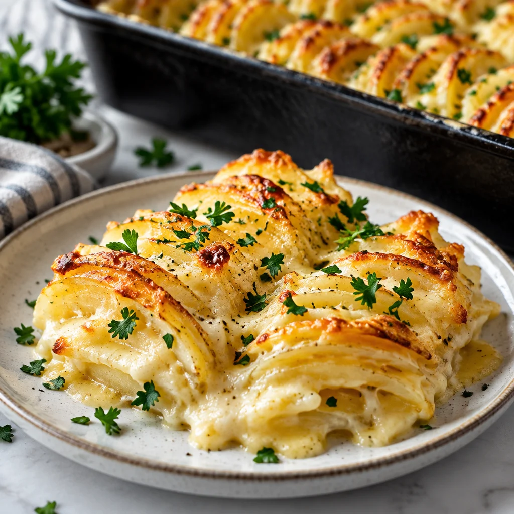 Delicious cheesy scalloped potatoes covered in a rich, creamy cheese sauce