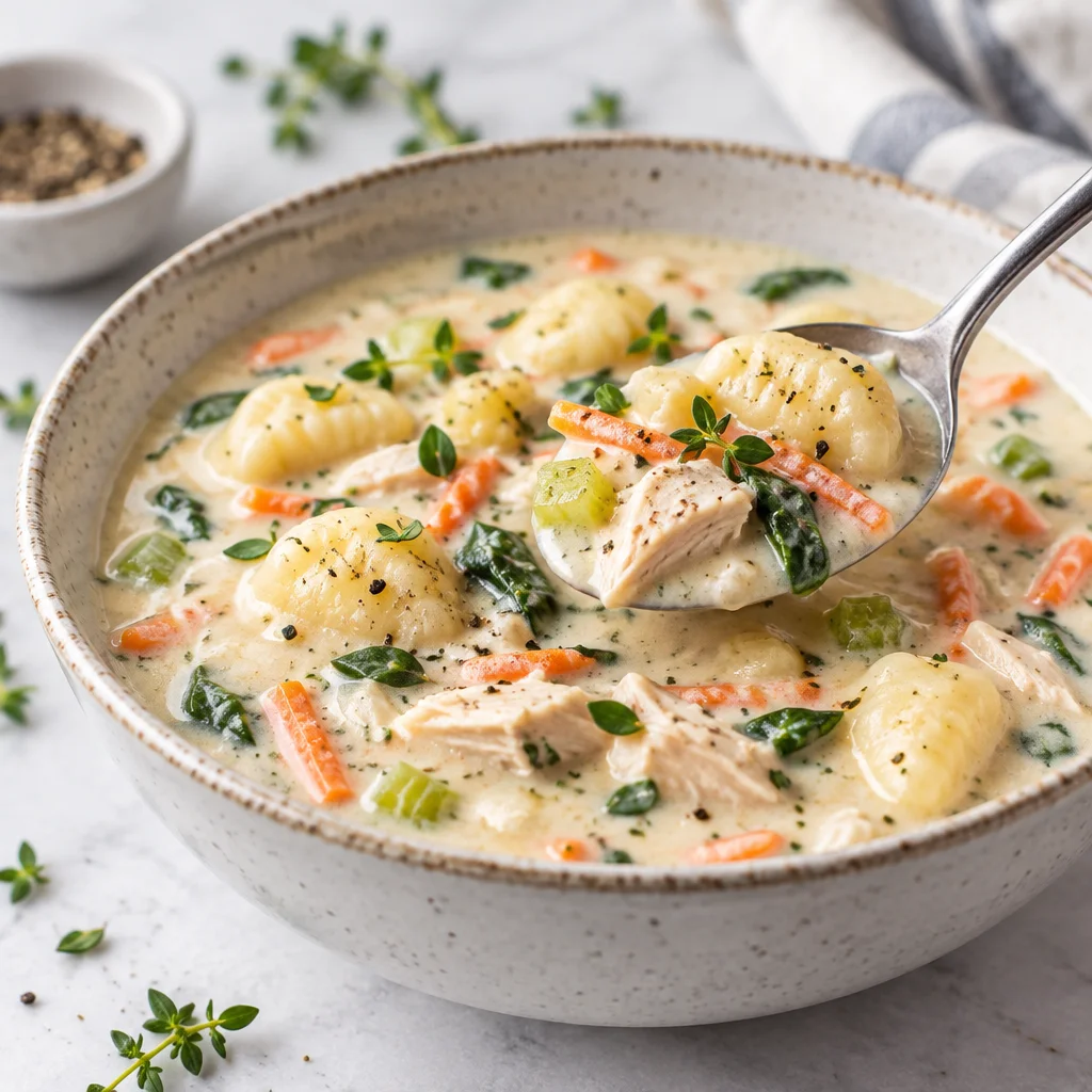 A comforting bowl of creamy Chicken Gnocchi Soup with tender chicken and vegetables.