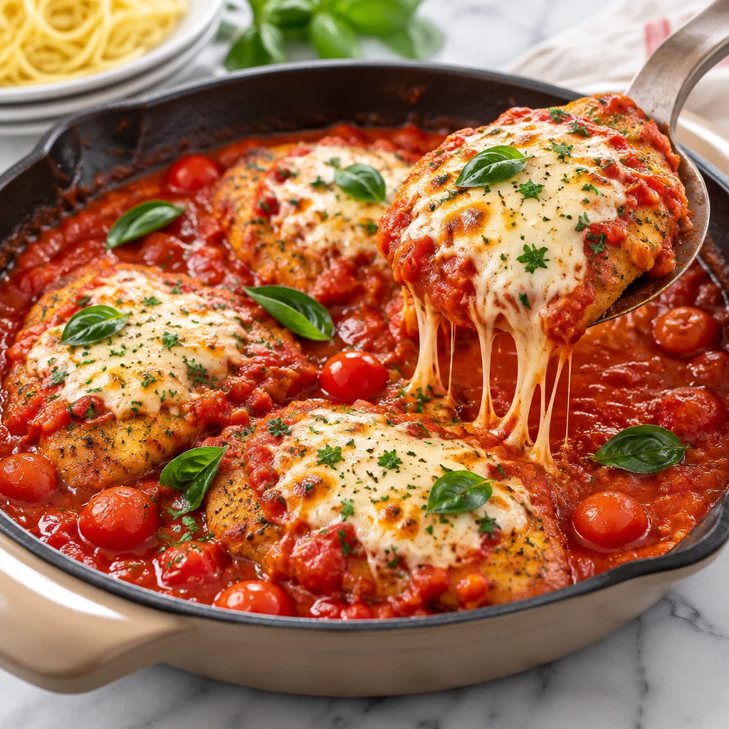 Delicious Chicken Pomodoro with tender chicken breasts in a flavorful tomato sauce.