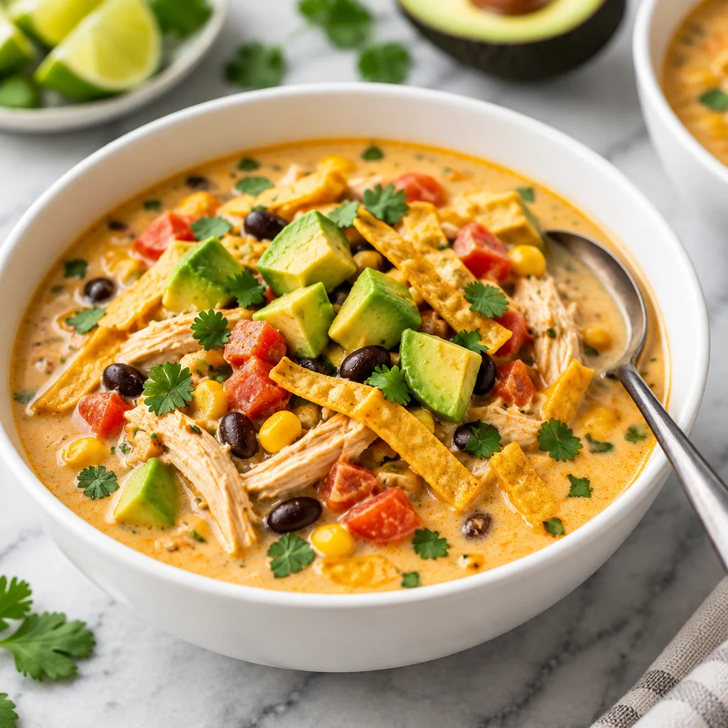 Bowl of creamy Chicken Taco Soup topped with cheese quesadilla croutons.