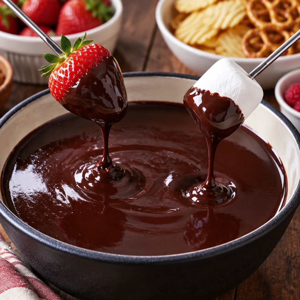 Decadent chocolate fondue served with fruits and marshmallows for dipping.