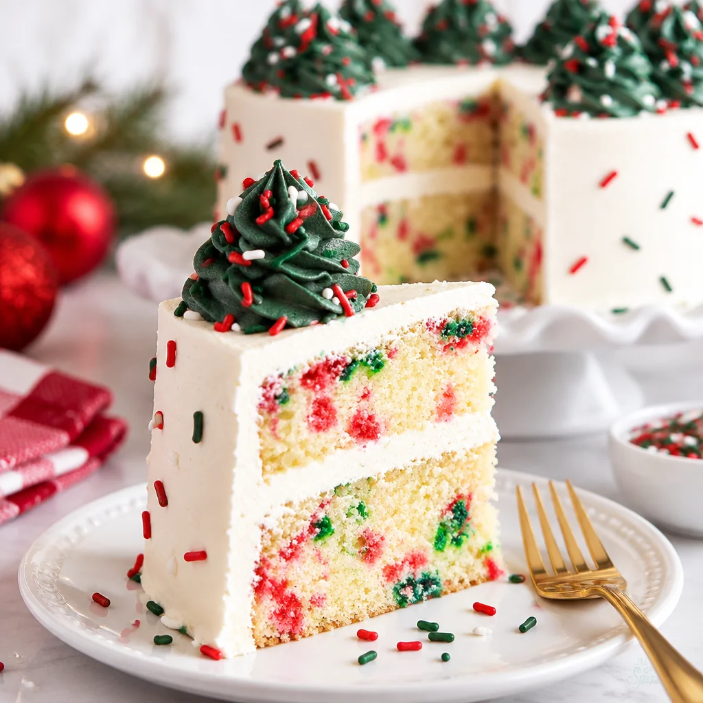 Slice of Christmas funfetti cake with colorful sprinkles and vanilla buttercream frosting.