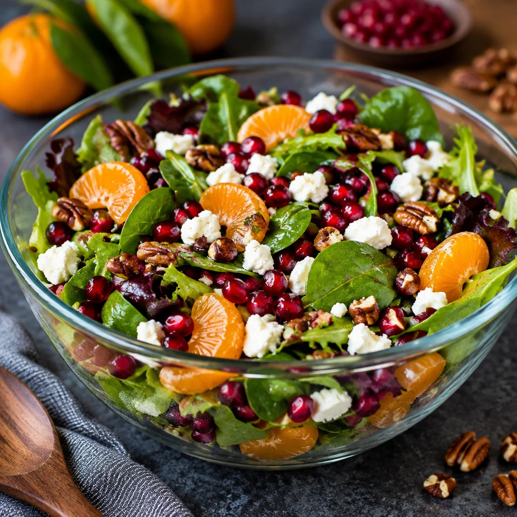 Colorful Christmas Salad with mixed greens, pomegranate, oranges, and pecans.