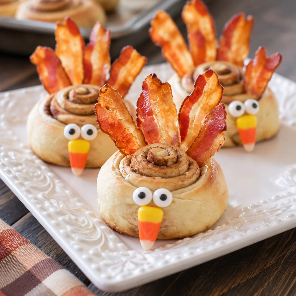 Adorable cinnamon roll turkeys decorated with bacon and candy for Thanksgiving breakfast