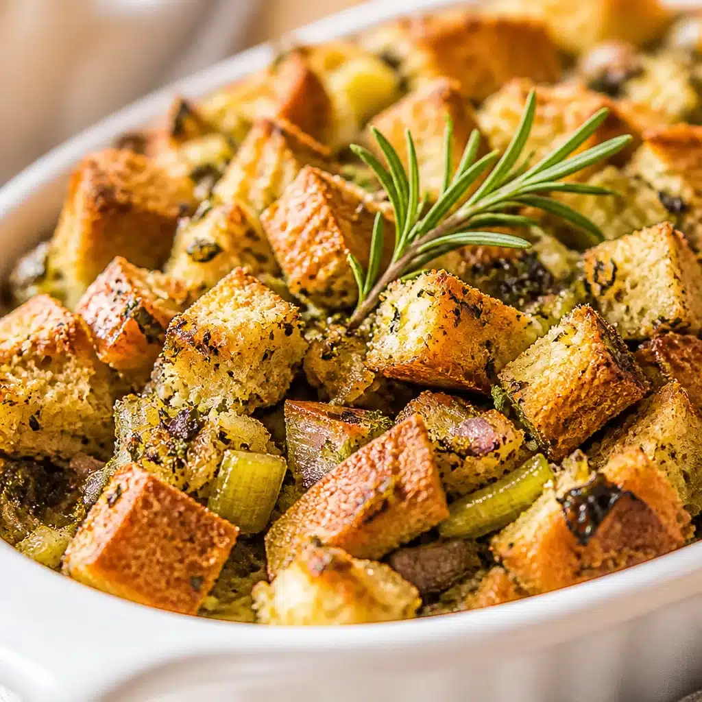 Classic stuffing recipe with bread cubes, fresh herbs, and vegetables for Thanksgiving.