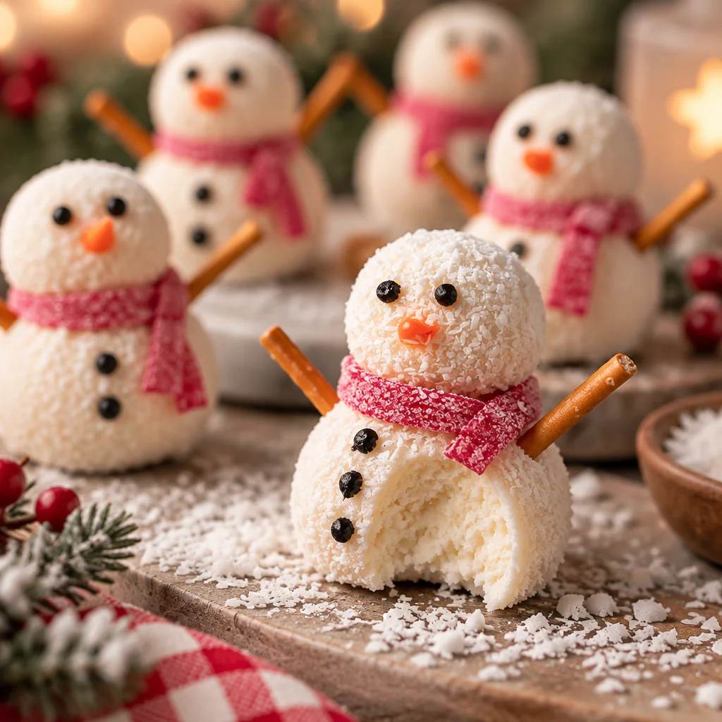 Closeup of Coconut Snowman Truffles decorated with chocolate and festive attire.
