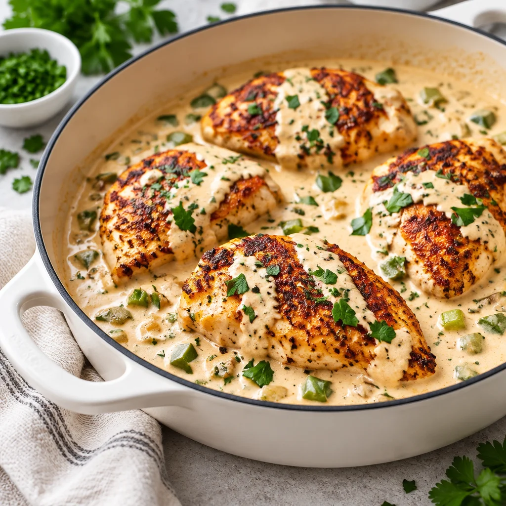Creamy Cajun chicken and rice with juicy chicken thighs and a rich, savory sauce.