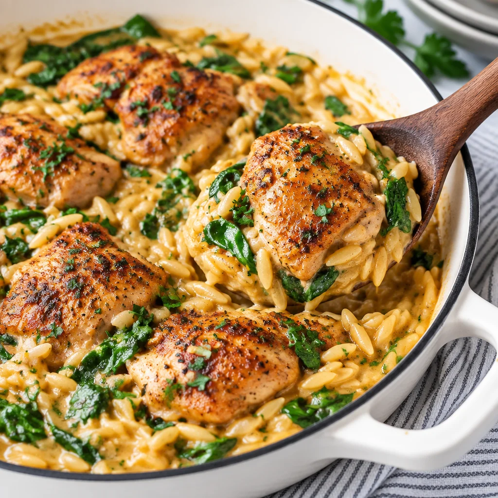 Creamy Chicken Orzo dish with tender chicken and flavorful orzo in a creamy sauce