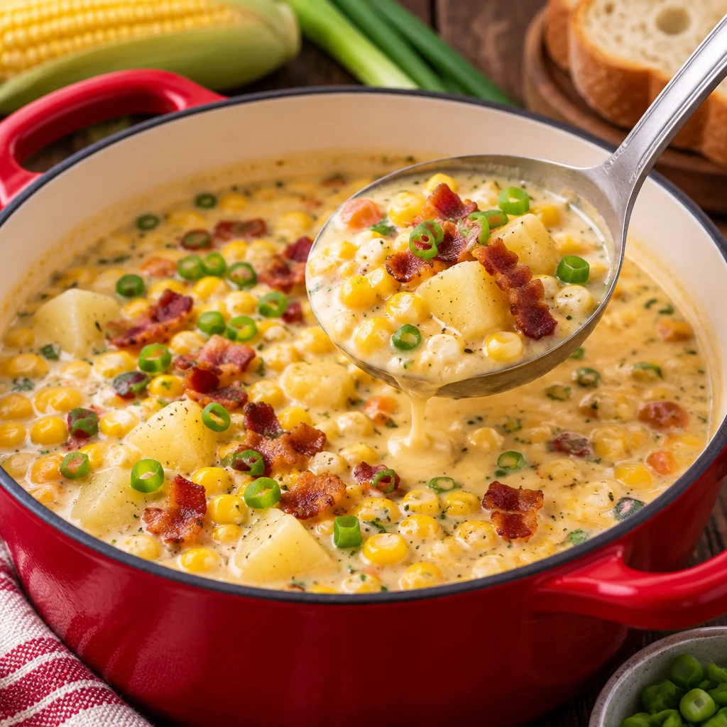 Bowl of creamy corn chowder with fresh corn and herbs