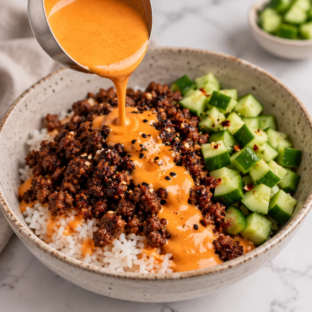 Gochujang Beef Rice Bowls topped with spicy cucumber salad, served in a bowl.