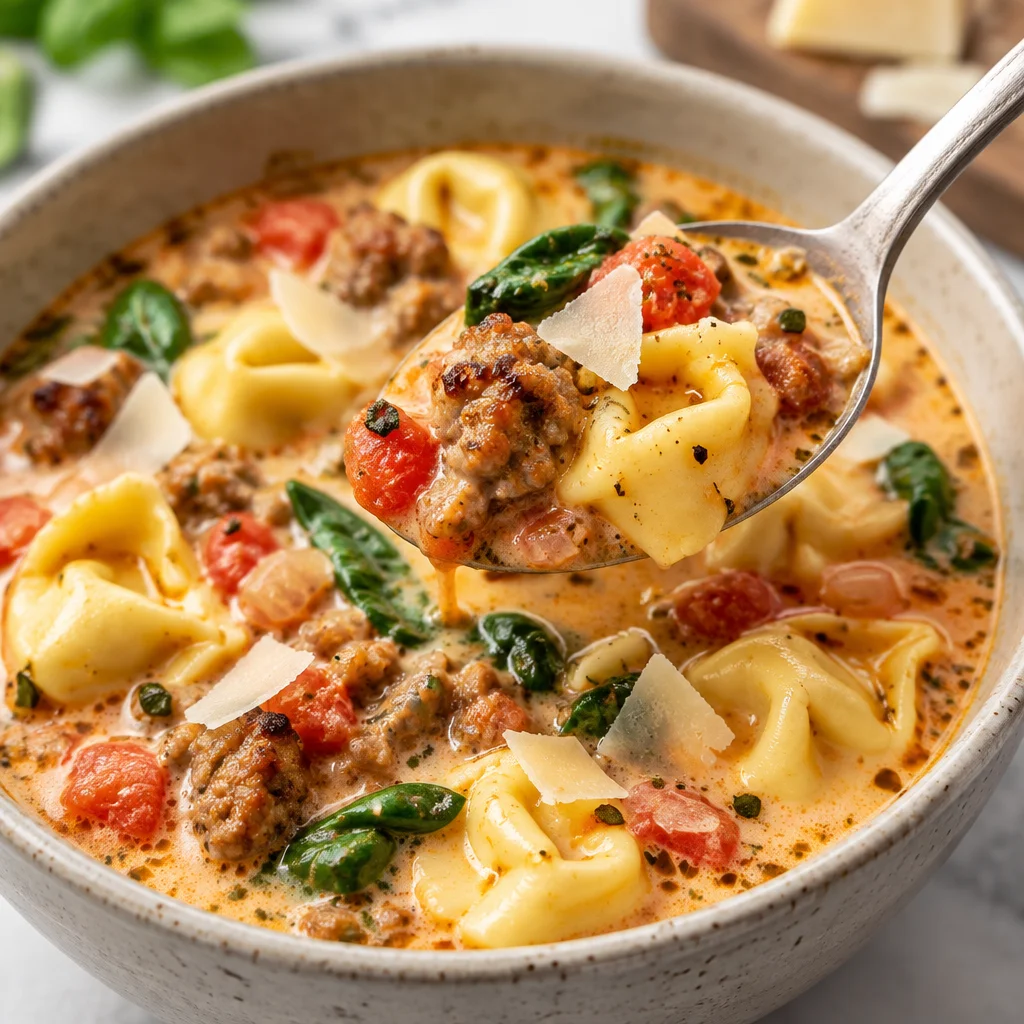 Bowl of creamy sausage tortellini soup with greens and cheese