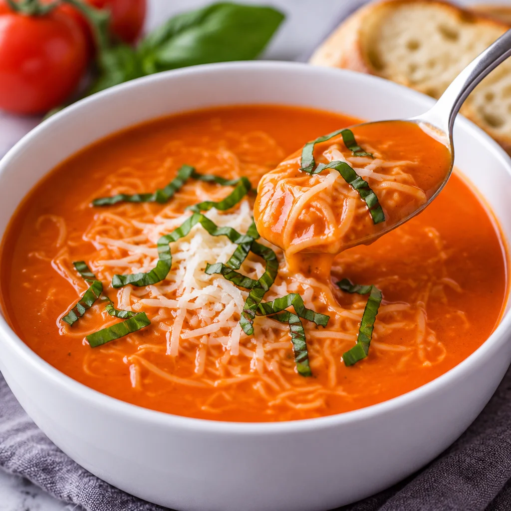 Creamy tomato soup topped with fresh basil and croutons in a bowl.