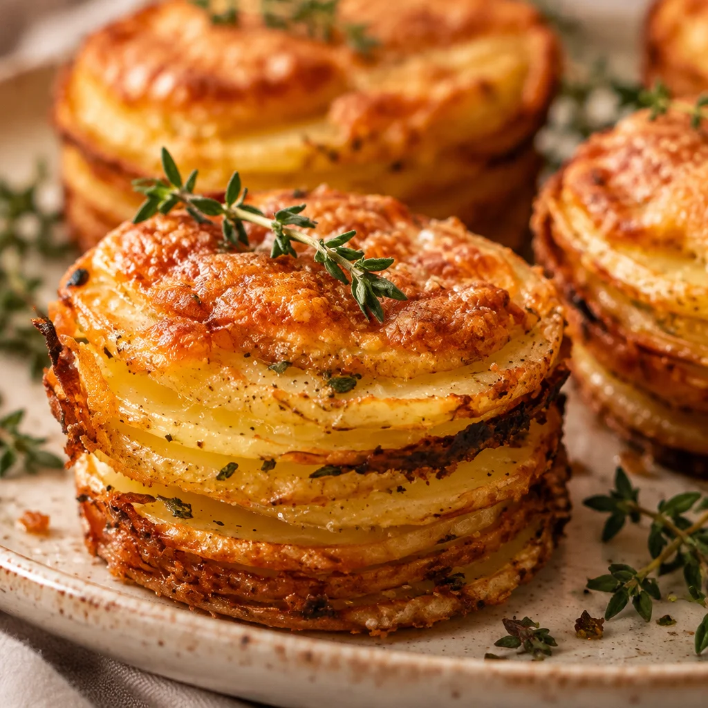 Crispy potato stacks layered with garlic, herbs, and cheese baked to perfection.