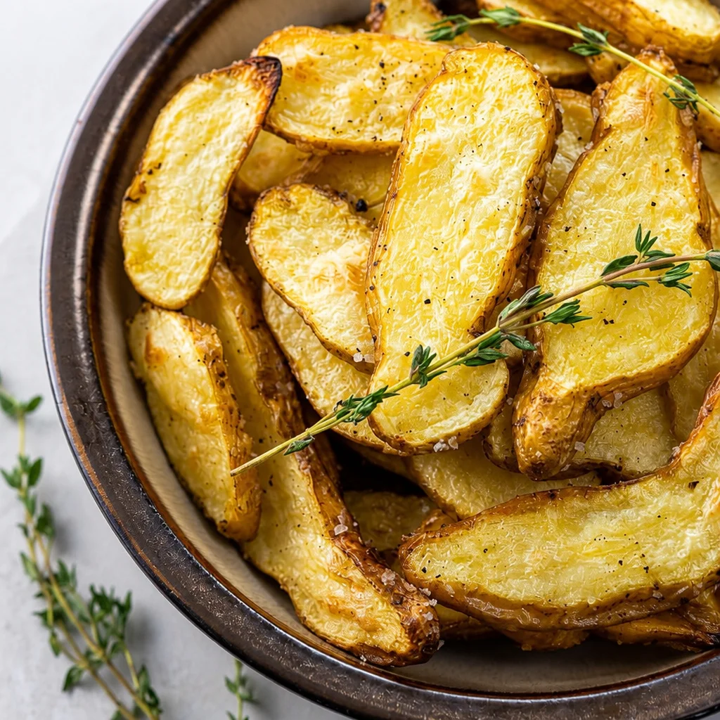 Plate of crispy Salt and Vinegar Fingerling Potatoes garnished with herbs