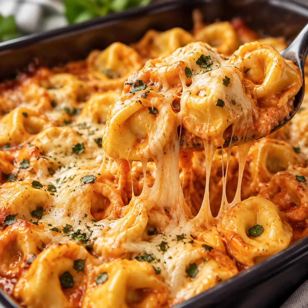 Creamy crock pot meatballs and tortellini dinner in a bowl with cheese